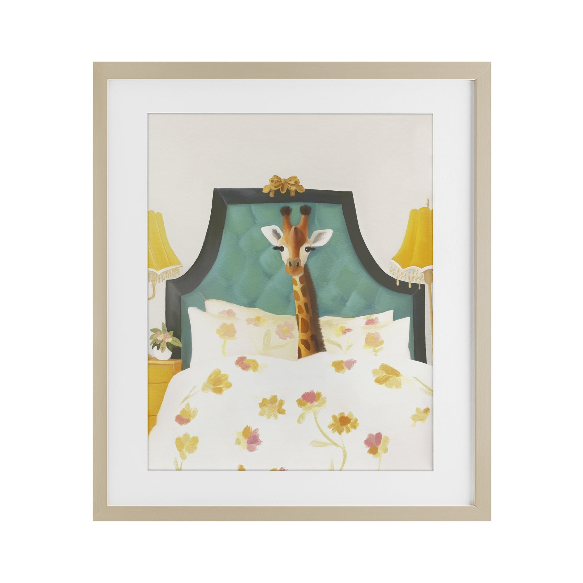 Good Morning Giraffe in Bed Birch Framed Print Under Glass, design by Leah Straatsma