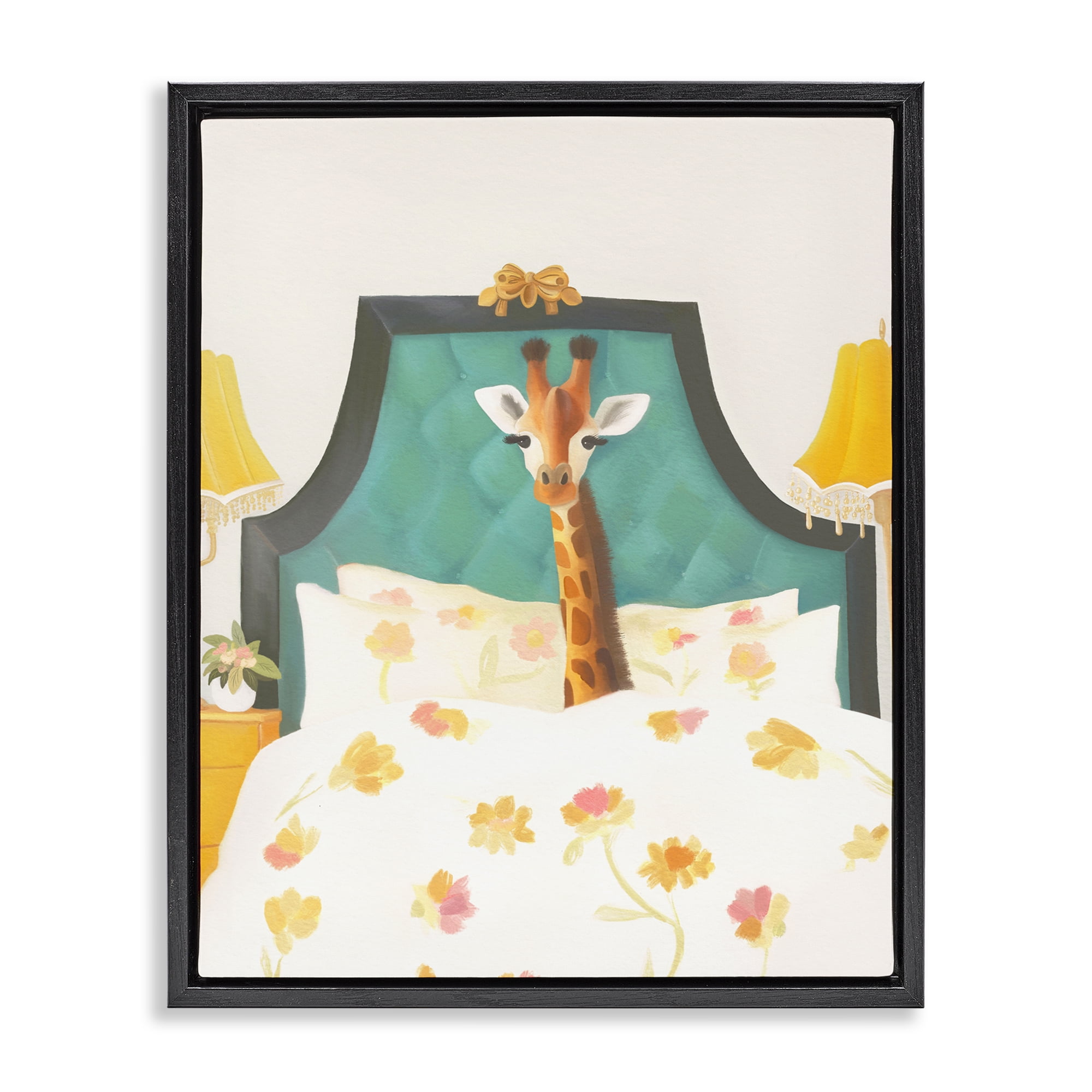 Good Morning Giraffe in Bed Black Framed Floater Canvas Wall Art, design by Leah Straatsma
