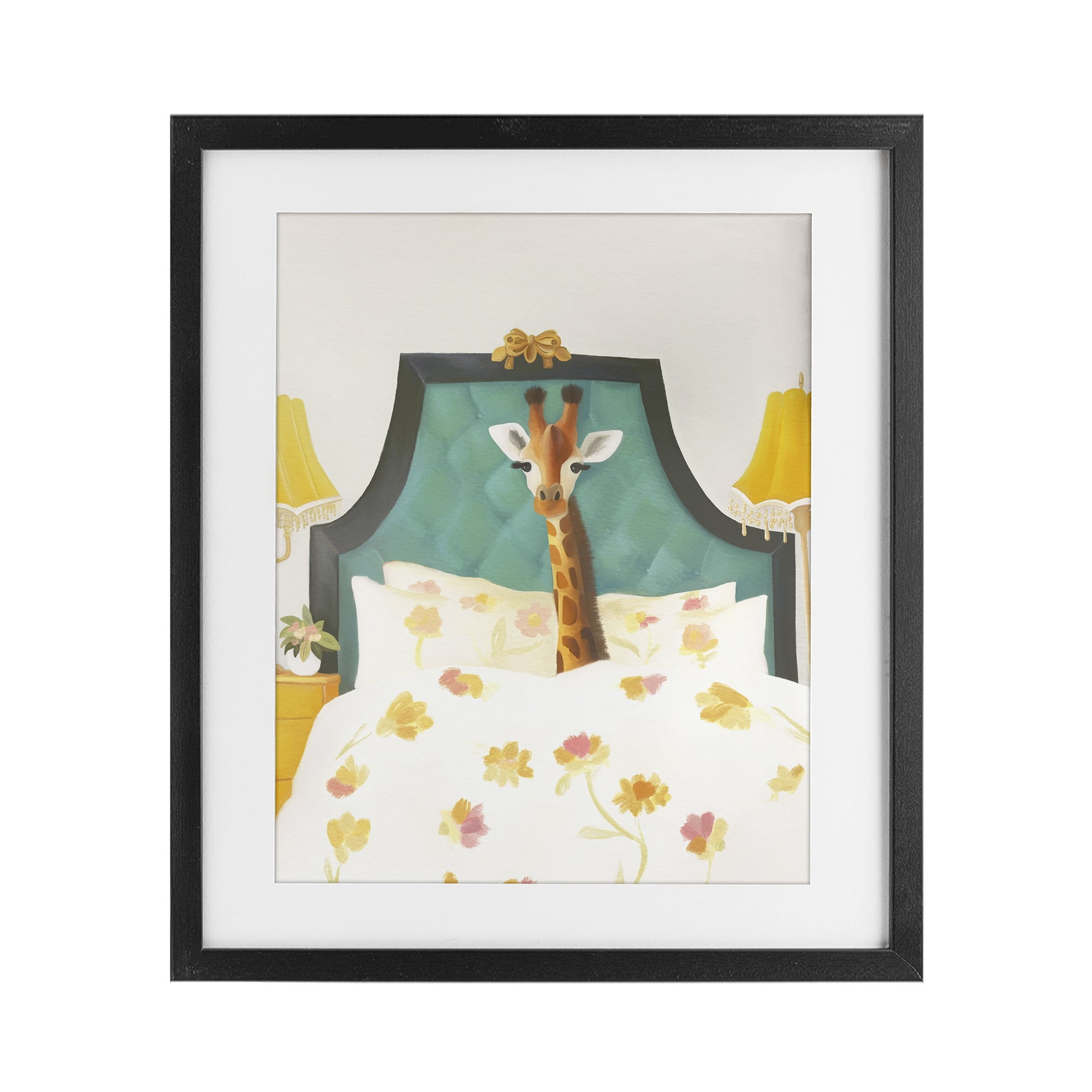 Good Morning Giraffe in Bed Black Framed Print Under Glass, design by Leah Straatsma