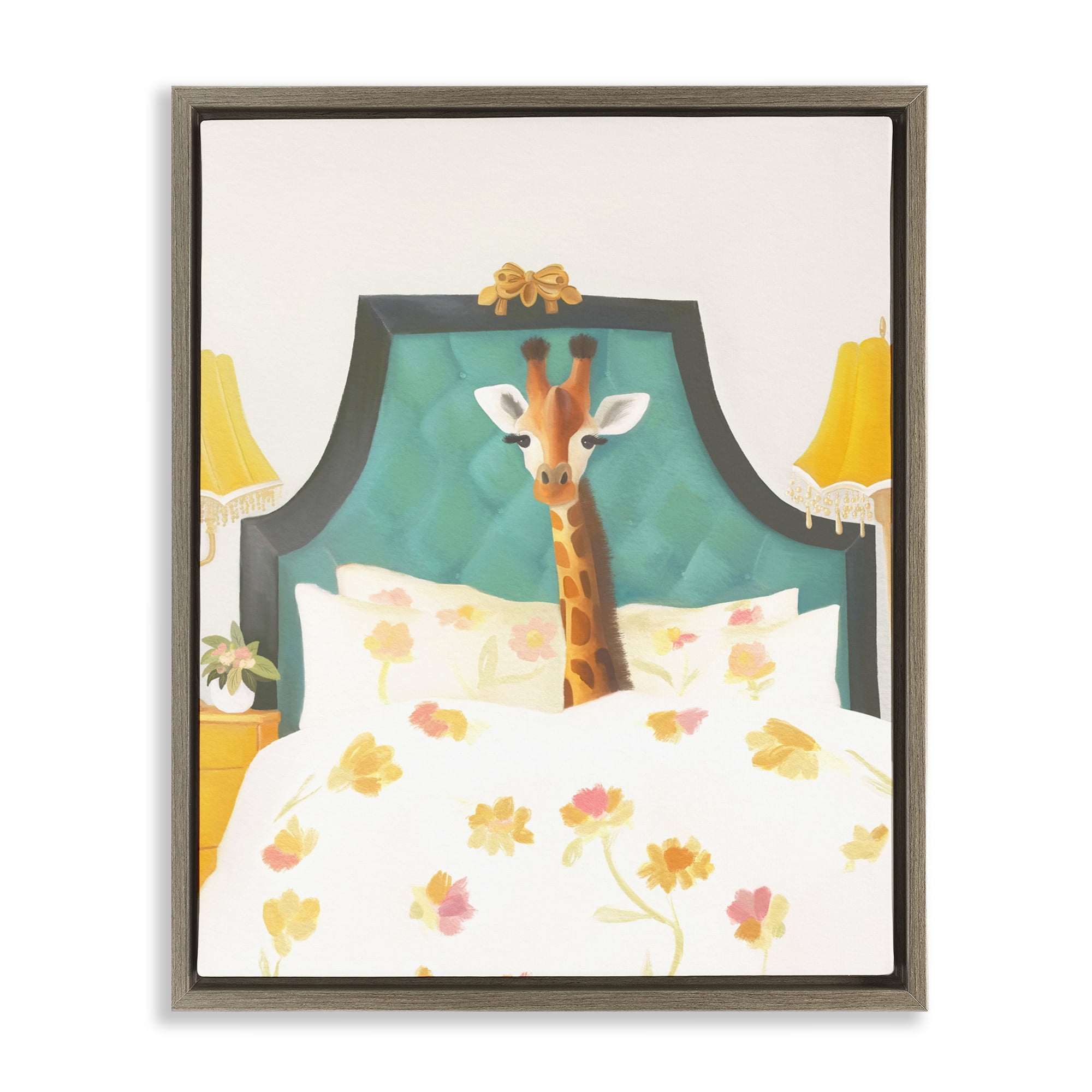 Good Morning Giraffe in Bed Brown Framed Floater Canvas Wall Art, design by Leah Straatsma