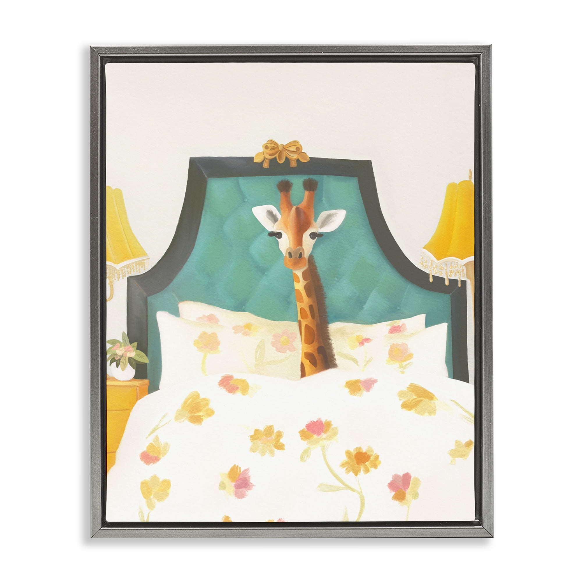 Good Morning Giraffe in Bed Gray Framed Floater Canvas Wall Art, design by Leah Straatsma