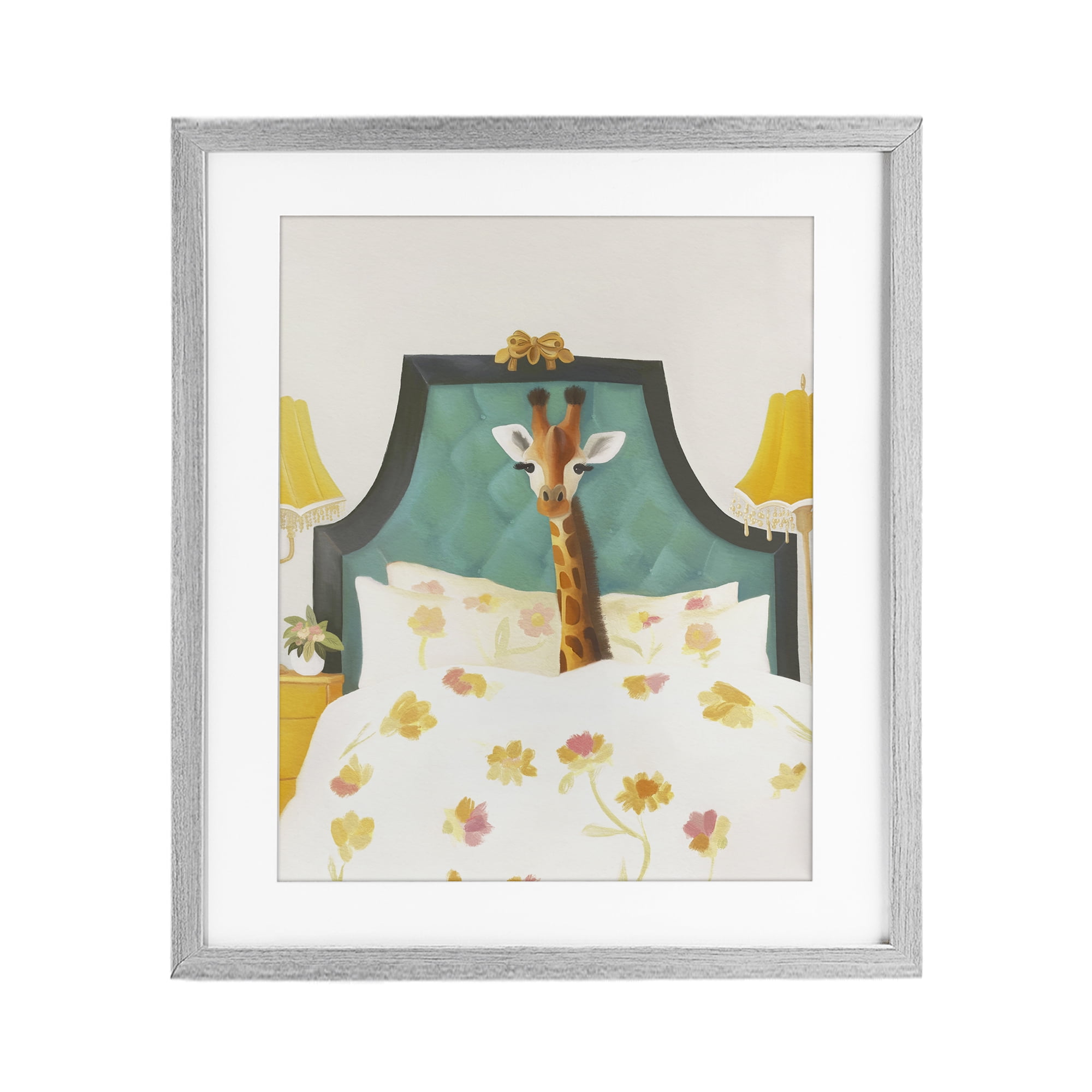 Good Morning Giraffe in Bed Gray Framed Print Under Glass, design by Leah Straatsma