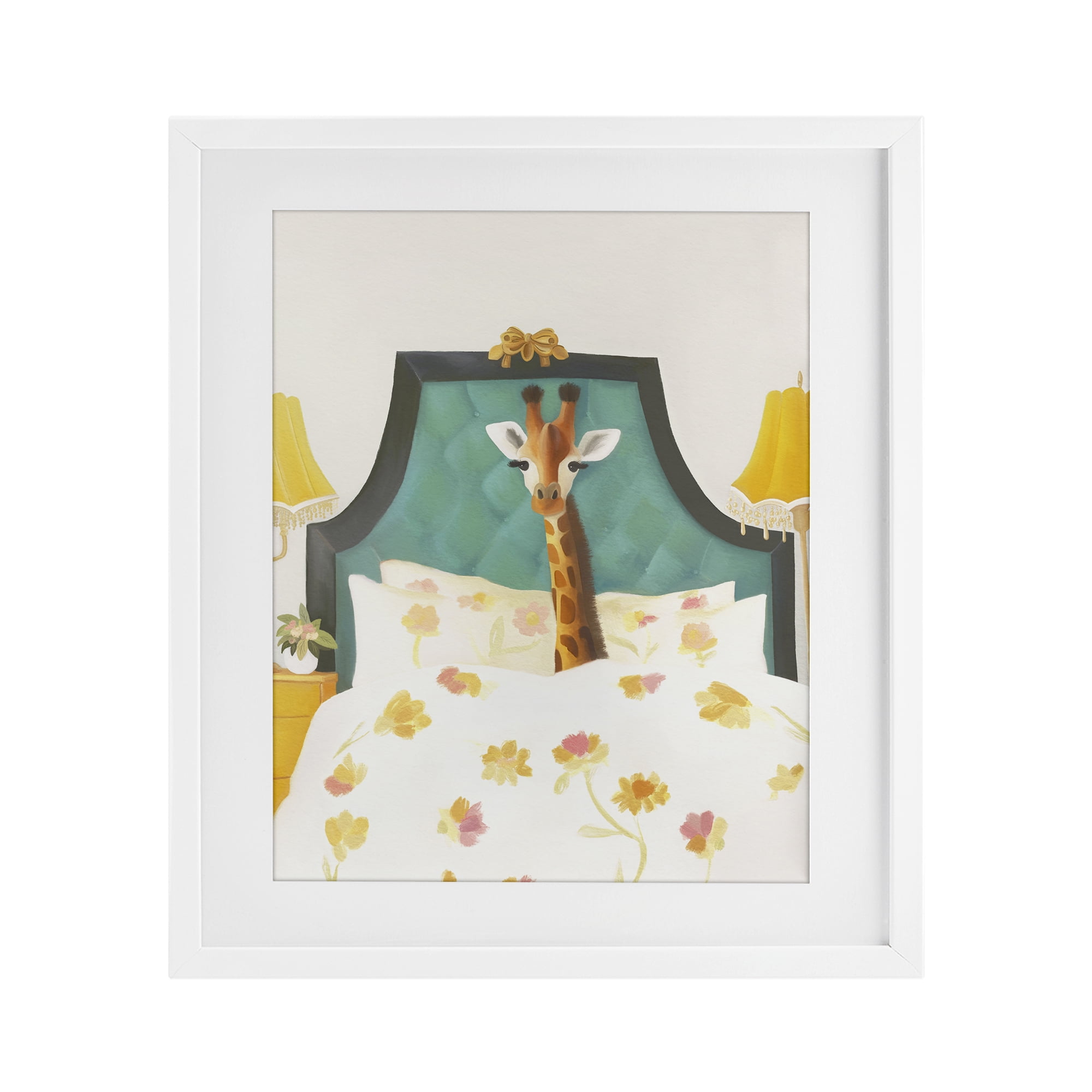 Good Morning Giraffe in Bed White Framed Print Under Glass, design by Leah Straatsma