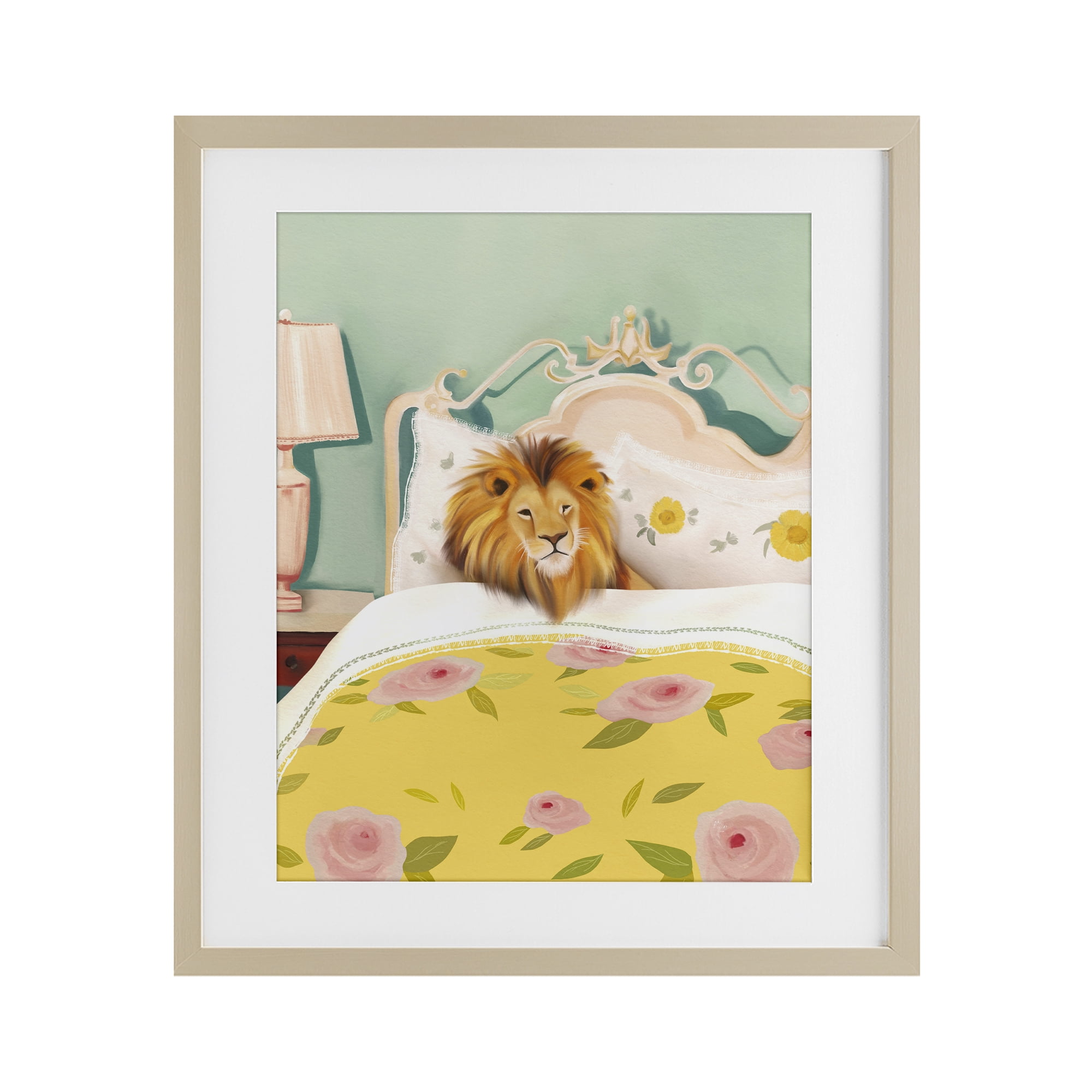 Good Morning Lion in Bed Birch Framed Print Under Glass, design by Leah Straatsma