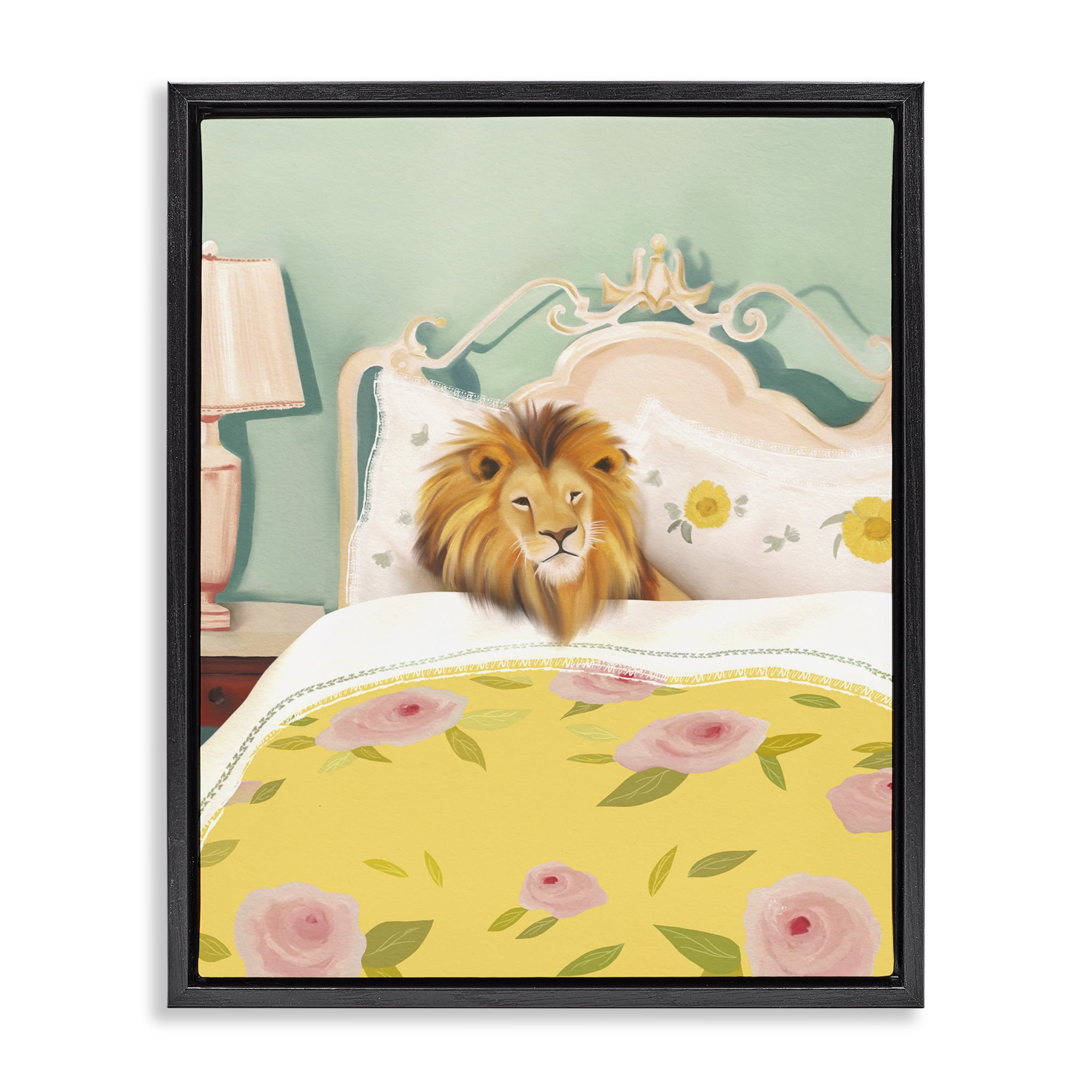 Good Morning Lion in Bed Black Framed Floater Canvas Wall Art, design by Leah Straatsma