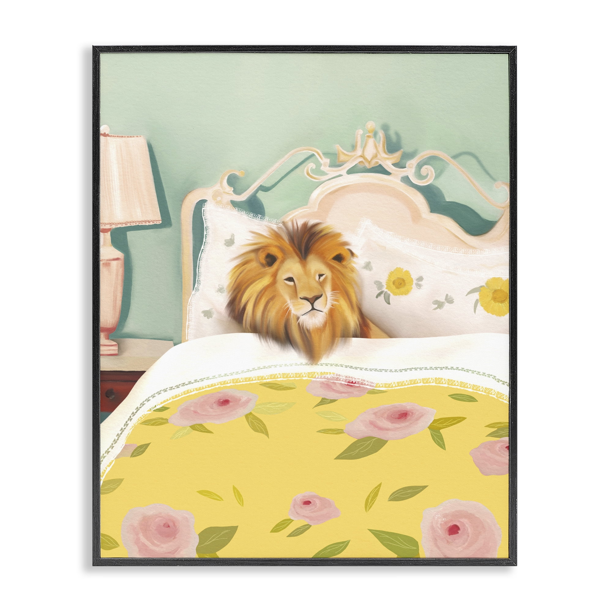 Good Morning Lion in Bed Black Framed Giclee Art, design by Leah Straatsma