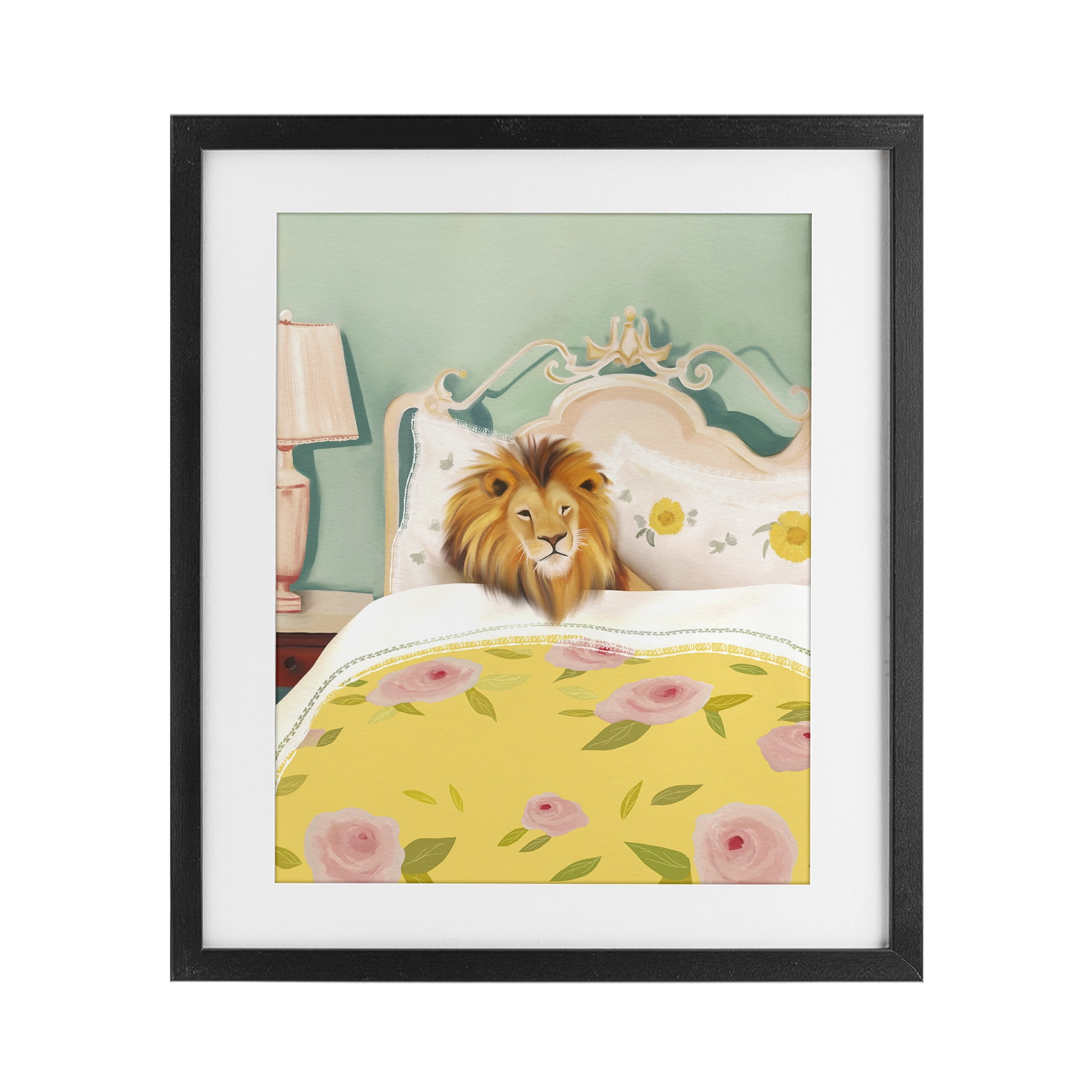 Good Morning Lion in Bed Black Framed Print Under Glass, design by Leah Straatsma