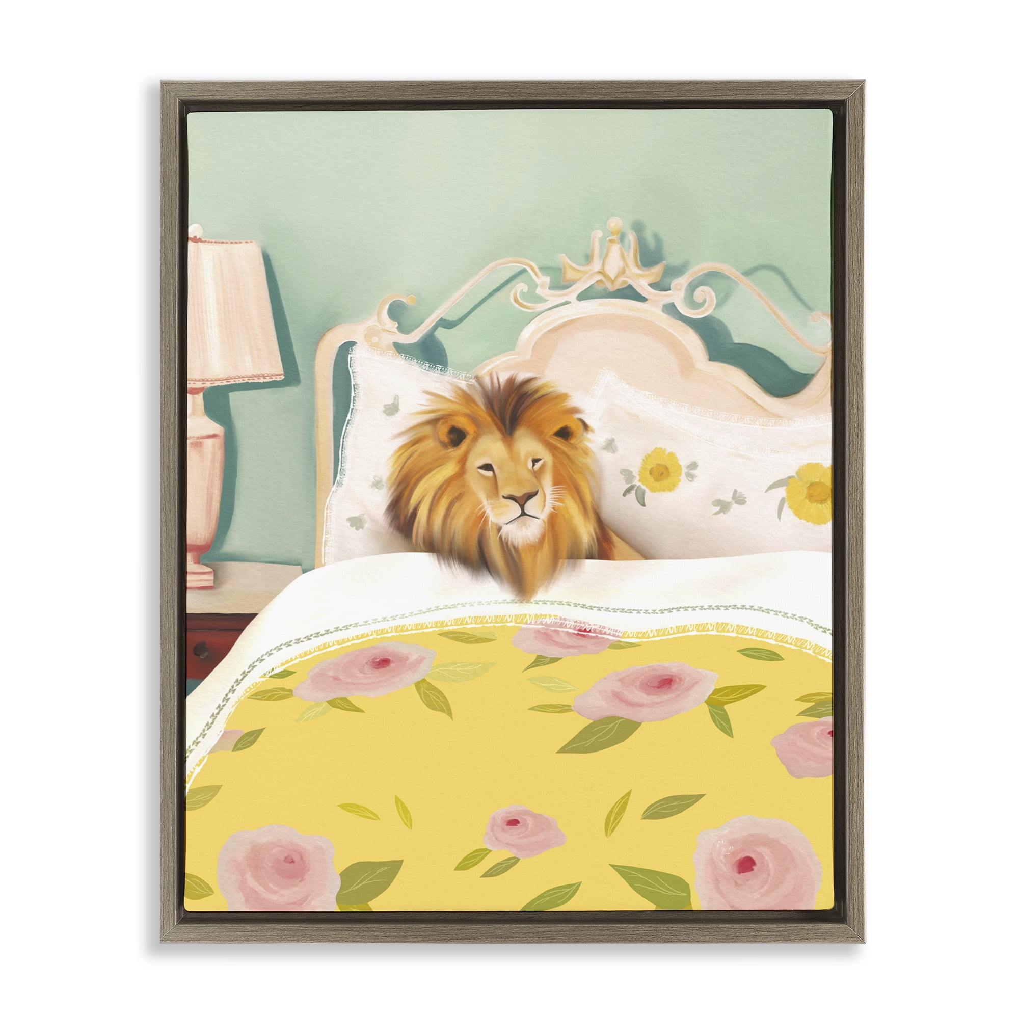 Good Morning Lion in Bed Brown Framed Floater Canvas Wall Art, design by Leah Straatsma
