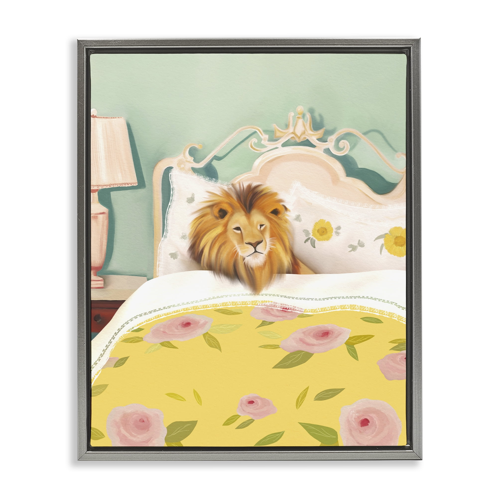 Good Morning Lion in Bed Gray Framed Floater Canvas Wall Art, design by Leah Straatsma