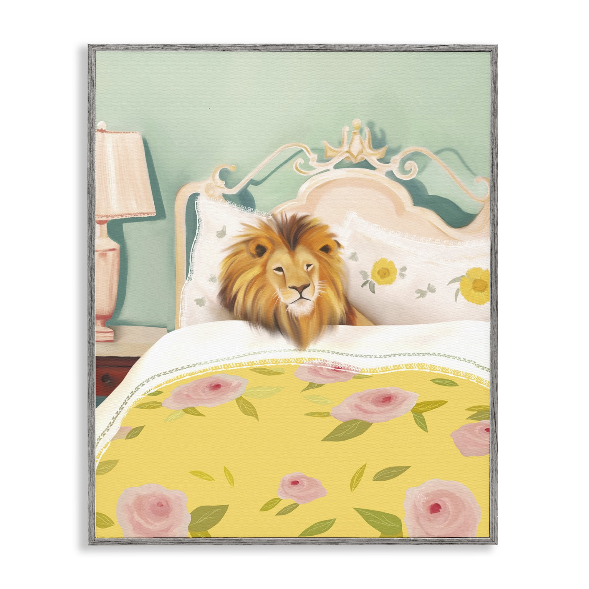 Good Morning Lion in Bed Gray Framed Giclee Art, design by Leah Straatsma