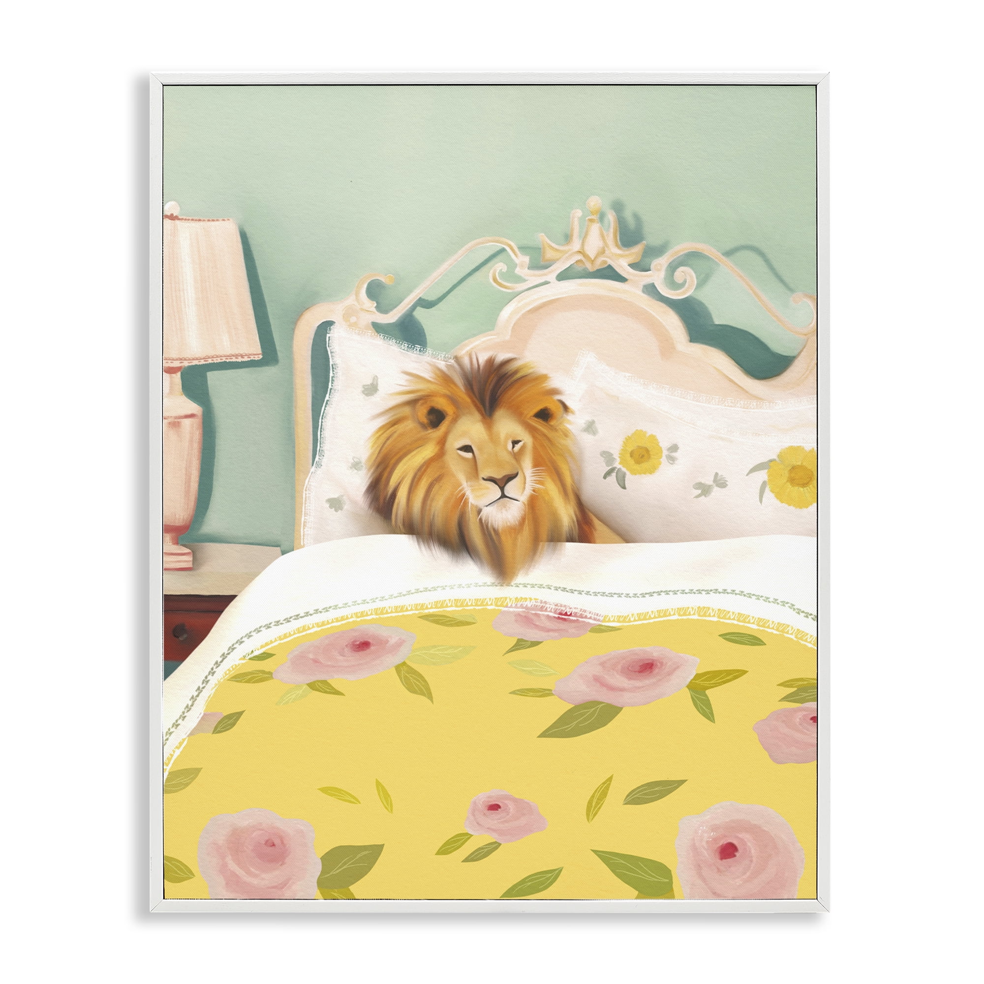 Good Morning Lion in Bed White Framed Giclee Art, design by Leah Straatsma