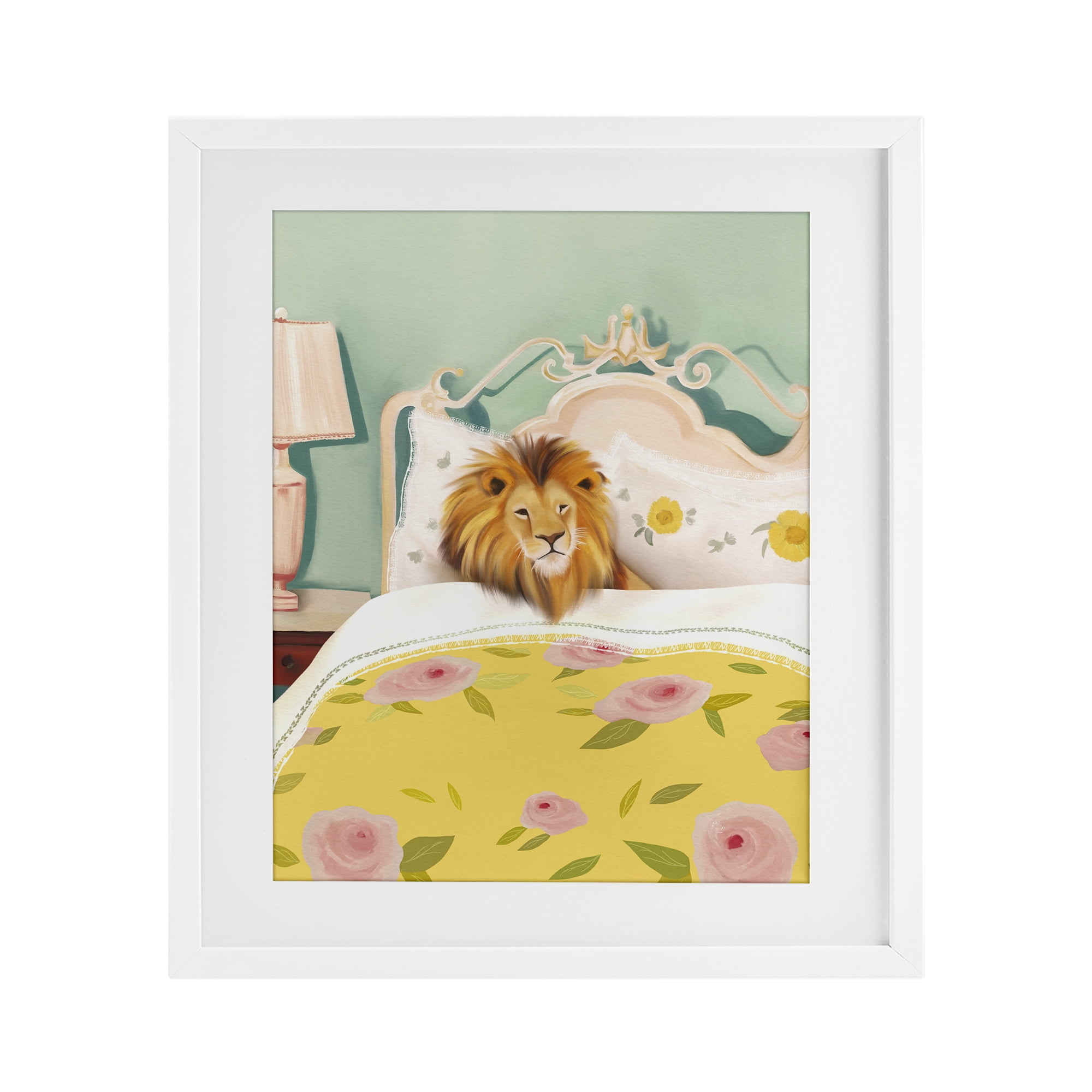 Good Morning Lion in Bed White Framed Print Under Glass, design by Leah Straatsma