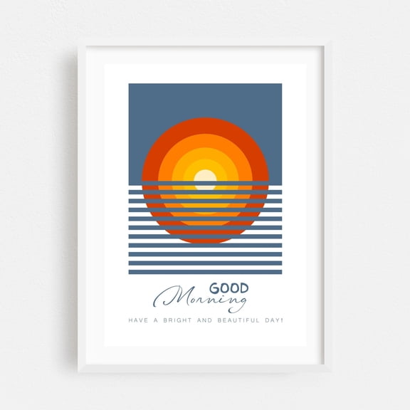 Good Morning Minimal Modern Poster Design. - Illustration Geometric Sunset Minimalist Modern Art Abstract Quote Retro White Framed Wall Art Print 5 x 7 inches