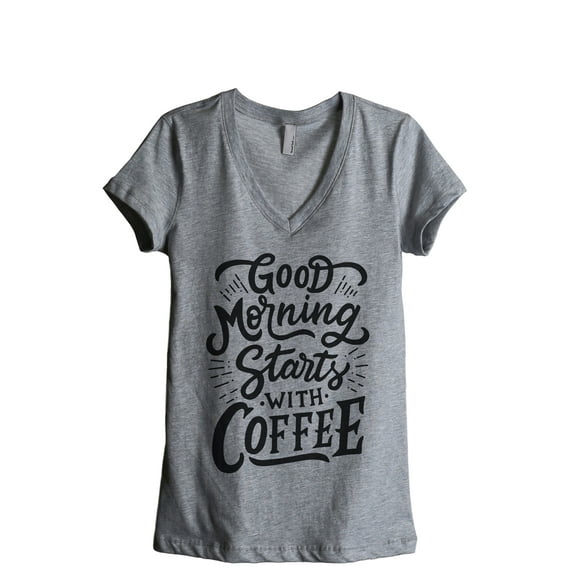 Good Morning Starts With Coffee Women's Fashion Relaxed V-Neck T-Shirt Tee Heather Grey 2X-Large