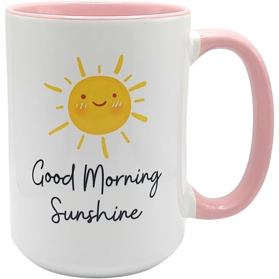 Good Morning Sunshine Coffee Mug Pink Large Ceramic Cup Smiling Sun Design Morning Gift for Her or Him Positive Daily Quote 11 oz