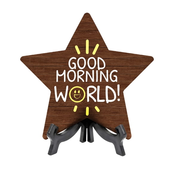 Good Morning, World! Star Table Sign (7" x 7") Religious Decor | Church And Home Table Signs