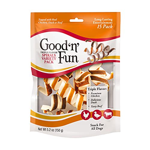 Good "N"Fun Triple Flavor Spirals Variety Pack, 15 Count, Rawhide Chews