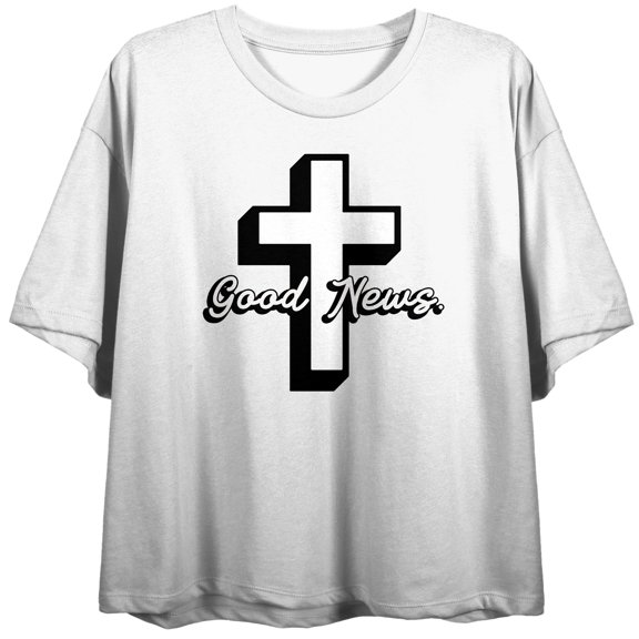 Good News Crew Neck Short Sleeve Women's White Crop Top-Small