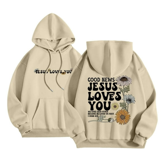 Good News Jesus Loves You Hoodie Christian Faith Sweatshirt for Teen Girls Long Sleeve Jesus Hoodie Christian Religious Sayings Pullover Sweater Oversized Bible Verse Shirts Khaki XXXL