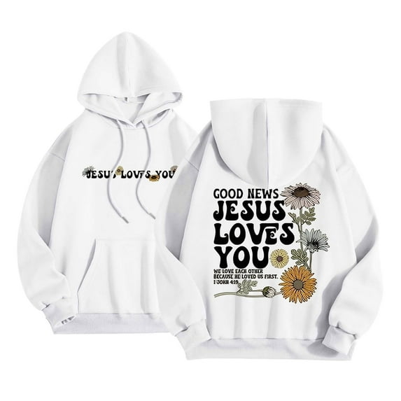 Good News Jesus Loves You Hoodie Christian Sweatshirts for Women Long Sleeve Jesus Hoodie Christian Religious Sayings Pullover Sweater Oversized Bible Verse Sweater White XL