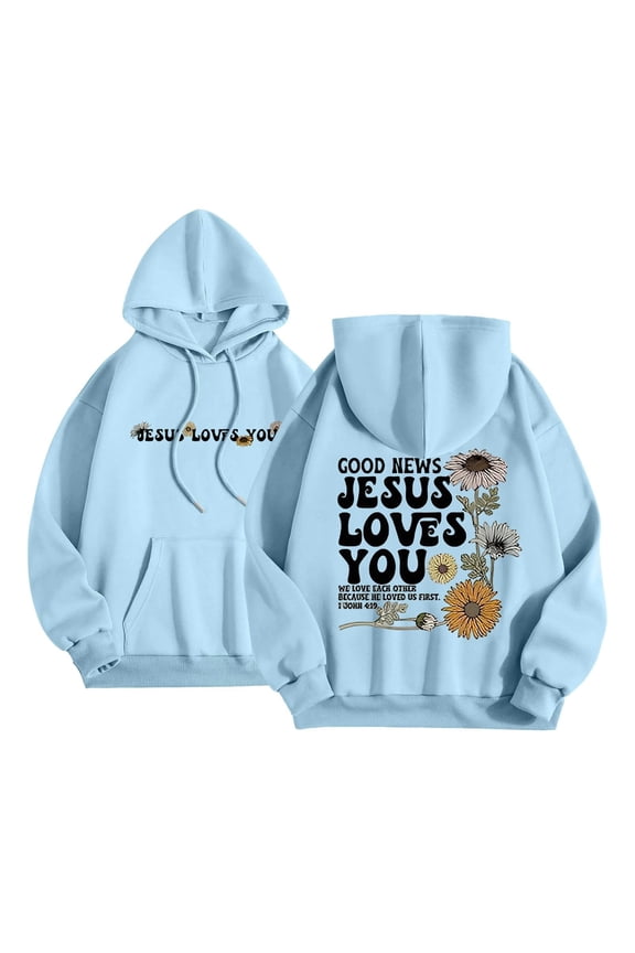 Good News Jesus Loves You Hoodie for Women Christian Sweatshirt Long Sleeve Jesus Hoodies Christian Religious Sayings Pullover Sweater Oversized Bible Verse Shirts Light Blue M