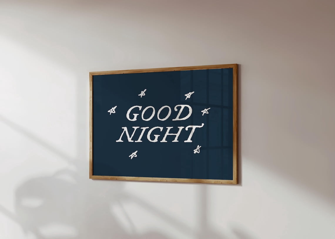 Good Night Poster, Hand Drawn Navy Blue Above Bed Bedroom Wall Art ...