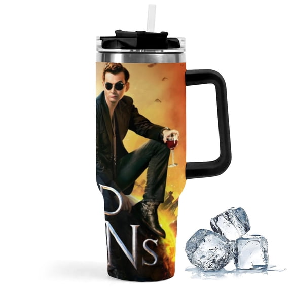 Good Omens-theme Insulated Stainless Steel Tumbler with Handle Gifts For Family Friends Fans and Straw Fits in Standard Cup Holder 40 OZ
