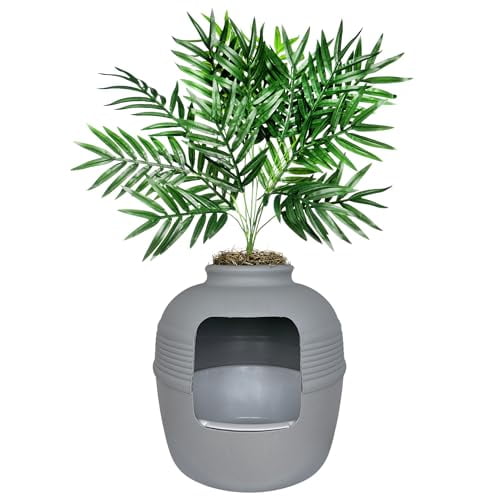 Good Pet Stuff Hidden Cat Litter Box Enclosure with Artificial Plant, Decorative Round Planter, Removable Tray, Charcoal Filter Odor Control, Easy-to-Clean, Made in USA, Essentials