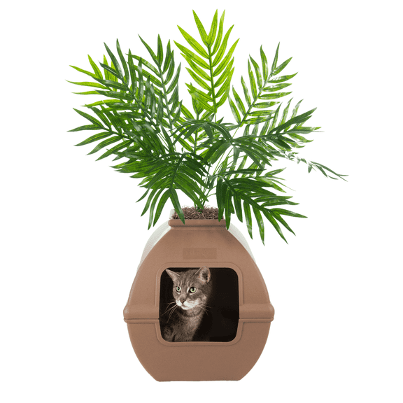 Good Pet Stuff Hidden Cat Litter Box Enclosure with Artificial Plant, Odor Filter System, Courtyard Square Shaped Faux Planter, Base Kit, Mocha Brown