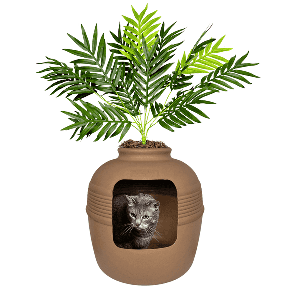 Good Pet Stuff Hidden Cat Litter Box Enclosure with Artificial Plant, Odor Filter System, Original Round Planter, Base Kit, Mocha Brown