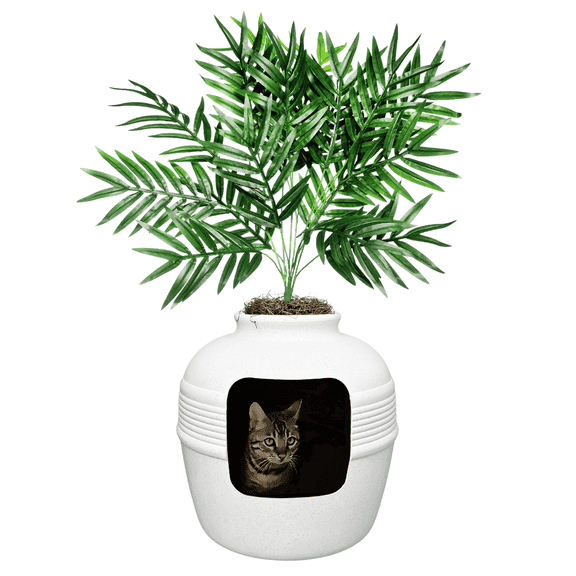 Good Pet Stuff Hidden Cat Litter Box Enclosure with Artificial Plant, Odor Filter System, Original Round Planter, Base Kit, White Birch