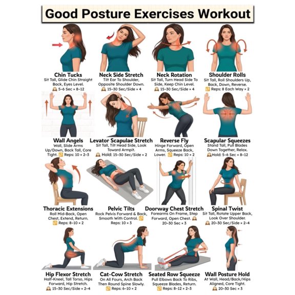 Good Posture Exercises Chart poster Back Neck Workout Improve Poster, Home Office Desk Stretches, Fix Rounded Shoulders Tech Neck Correction poster
