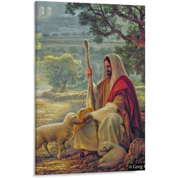 The Good Shepherd Jesus Christ With Lost Sheep by Greg Olsen Painter Wall Art Poster Painting On Canvas Wall Art Poster Scroll Picture Frame Print Living Room Walls Decor Home 12x16inch(30x40cm)