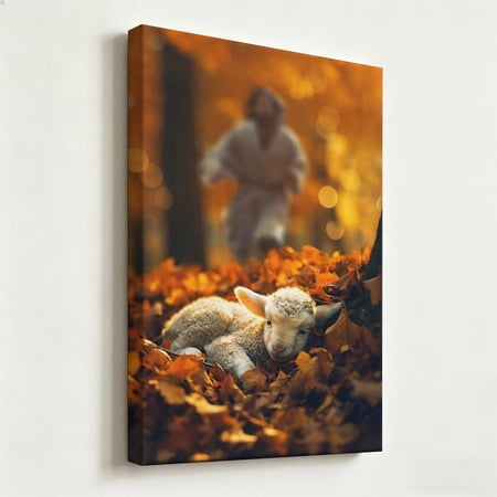 The Good Shepherd Lost Lamb Canvas Wall Art - Inspirational Christian Autumn Forest Painting Print - Matte Finish Gallery Wrapped Religious Home Decor Ready to Hang 8*12