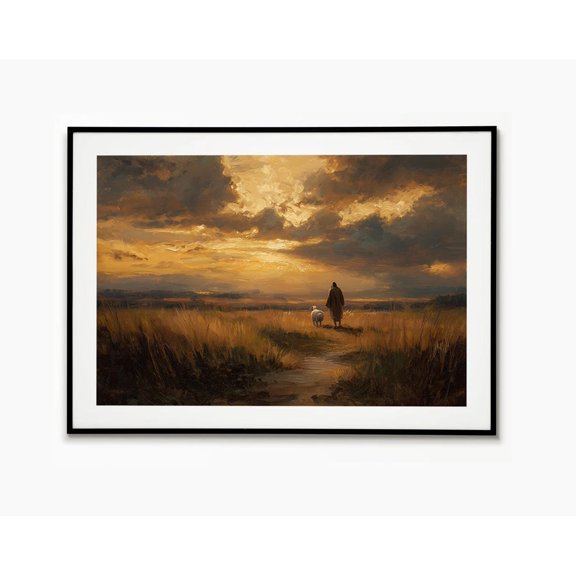Good Shepherd Sunset Jesus And The Lamb Christian Wall Art Peaceful Faith Decor, Stretched Canvas 12x16in