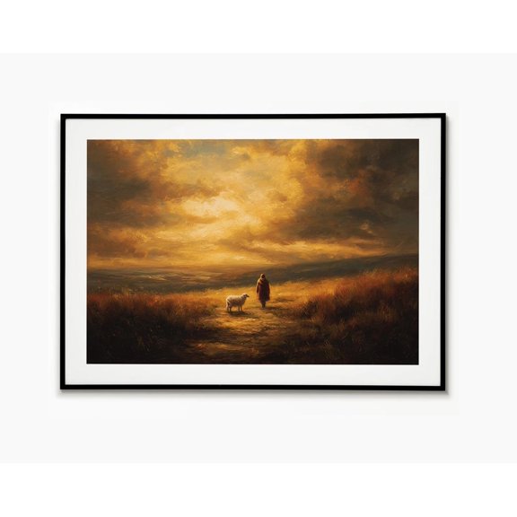 Good Shepherd Sunset Jesus And The Lamb Christian Wall Decor Peaceful Faith Art, Stretched Canvas 8x10in