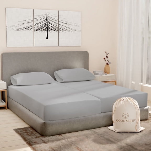 Good Sleep Bedding 100% Egyptian Cotton Split King Sheets, Luxury 1000 Thread Count 5 Piece Sheets & Pillowcases Set - Light Gray