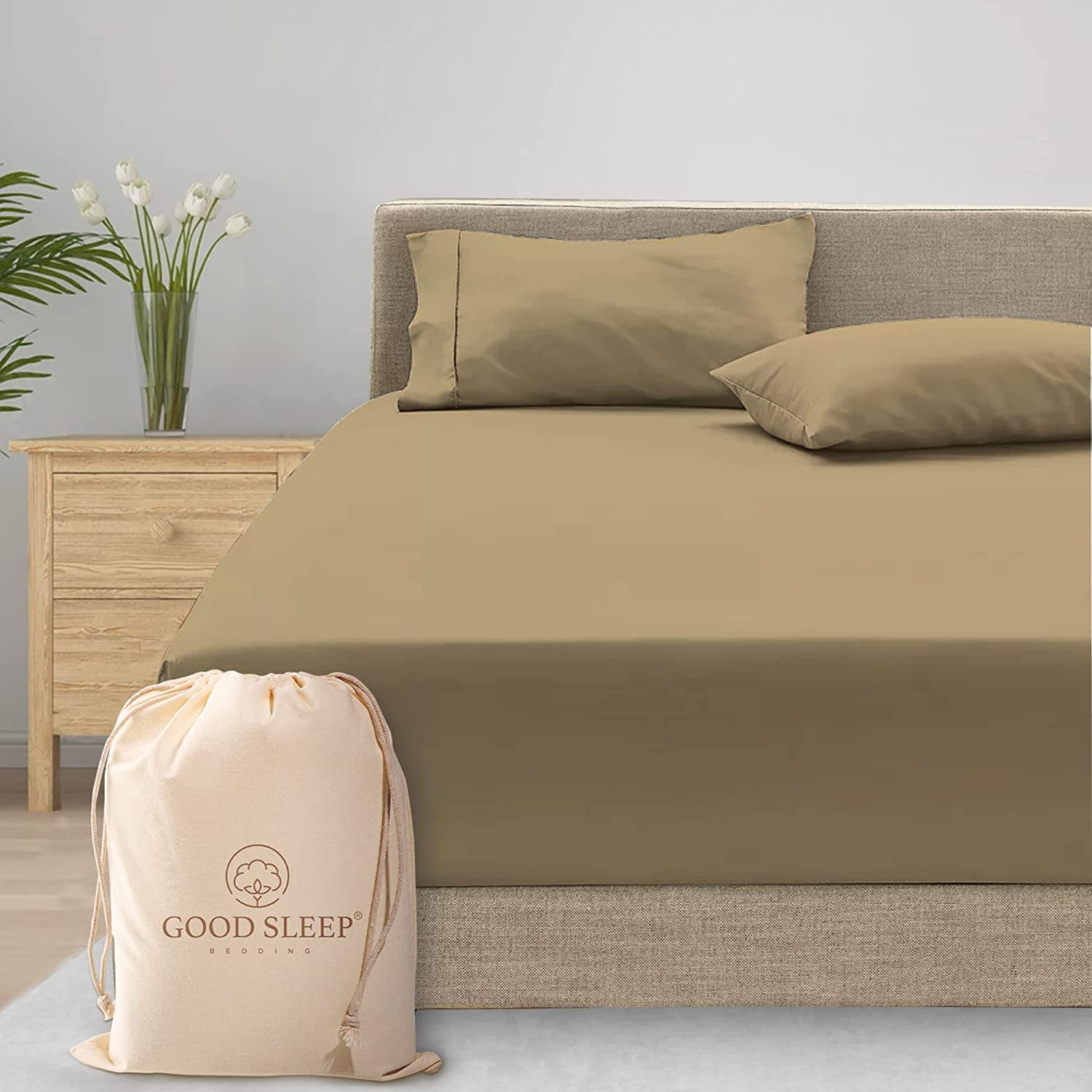 Good Sleep Bedding Queen Size Fitted Sheet Only Taupe Egyptian Cotton