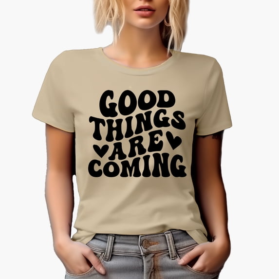 Good Things Are Coming, Inspirational Quote to Inspire Hope, Groovy Retro Wavy Text Merch Gift, Tan T-Shirt, Small