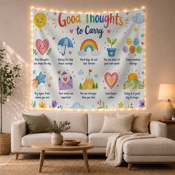 Good Thoughts to Carry Quote with Ten Vignettes, Calming Watercolor for Quote Lovers, Motivational Wall Decor, Thank You Gift Tapestry Wall Hanging for Office and Classroom