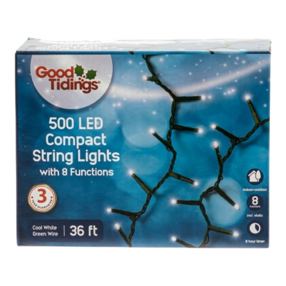 Good Tidings 36 ft. 500 LED Compact String Lights  Cool White, Green Wire, 8 Functions