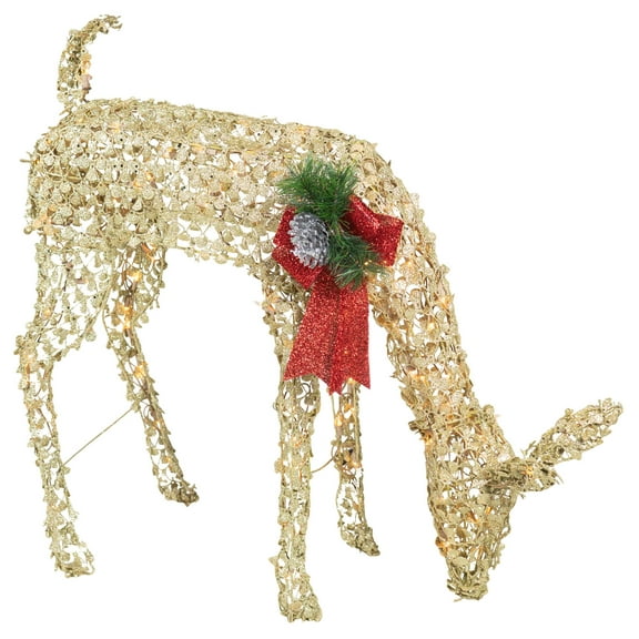 Good Tidings Pearl Colored Feeding Doe With Gold Glitter Finish- Prelit With 105 Clear Lights, 33"