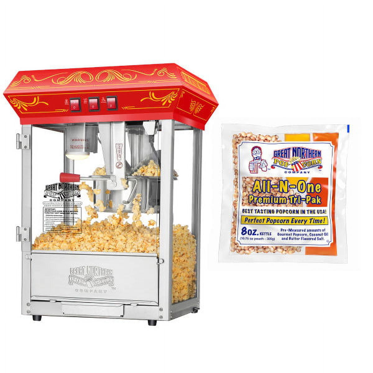 Good Time Countertop Popcorn Machine 3 Gallon Popcorn Maker 8oz Kettle Warmer Tray and 5 All In One Popcorn Packs by Great Northern Popcorn Red