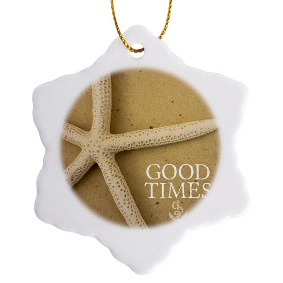 3drose, Good Times- Beach Scene with Starfish, 3 inch Snowflake Porcelain Ornament