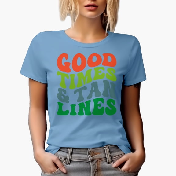 Good Times & Tan Lines, Summer or Beach Themed, Groovy Retro Wavy Text Merch Gift, Baby Blue T-Shirt, Small