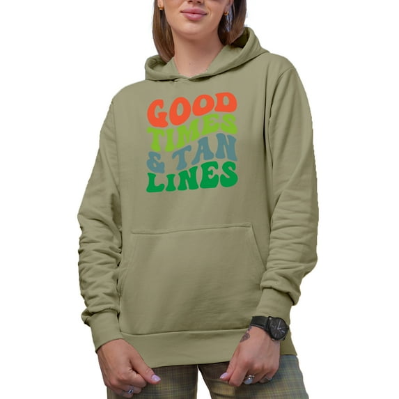 Good Times & Tan Lines, Summer or Beach Themed, Groovy Retro Wavy Text Merch Gift, Sand Hooded Sweatshirt or Hoodie, Medium