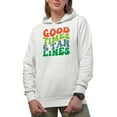 thumbnail image 1 of Good Times & Tan Lines, Summer or Beach Themed, Groovy Retro Wavy Text Merch Gift, White Hooded Sweatshirt or Hoodie, Small, 1 of 5