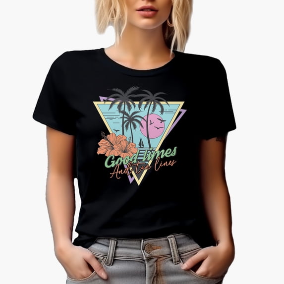 Good Times and Tan Lines, Retro Tropical or Beach Art Merch Gift, Black T-Shirt, XL