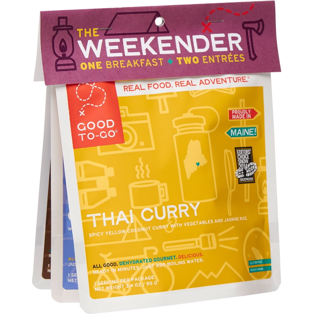 GOOD TO-GO Weekender 3-Pack Variety #1 | 2 Entrees + 1 Breakfast | Thai Curry, Granola, Mexican Quinoa Bowl | Dehydrated Backpacking and Camping Food | Gift Ideas | Easy to Prepare