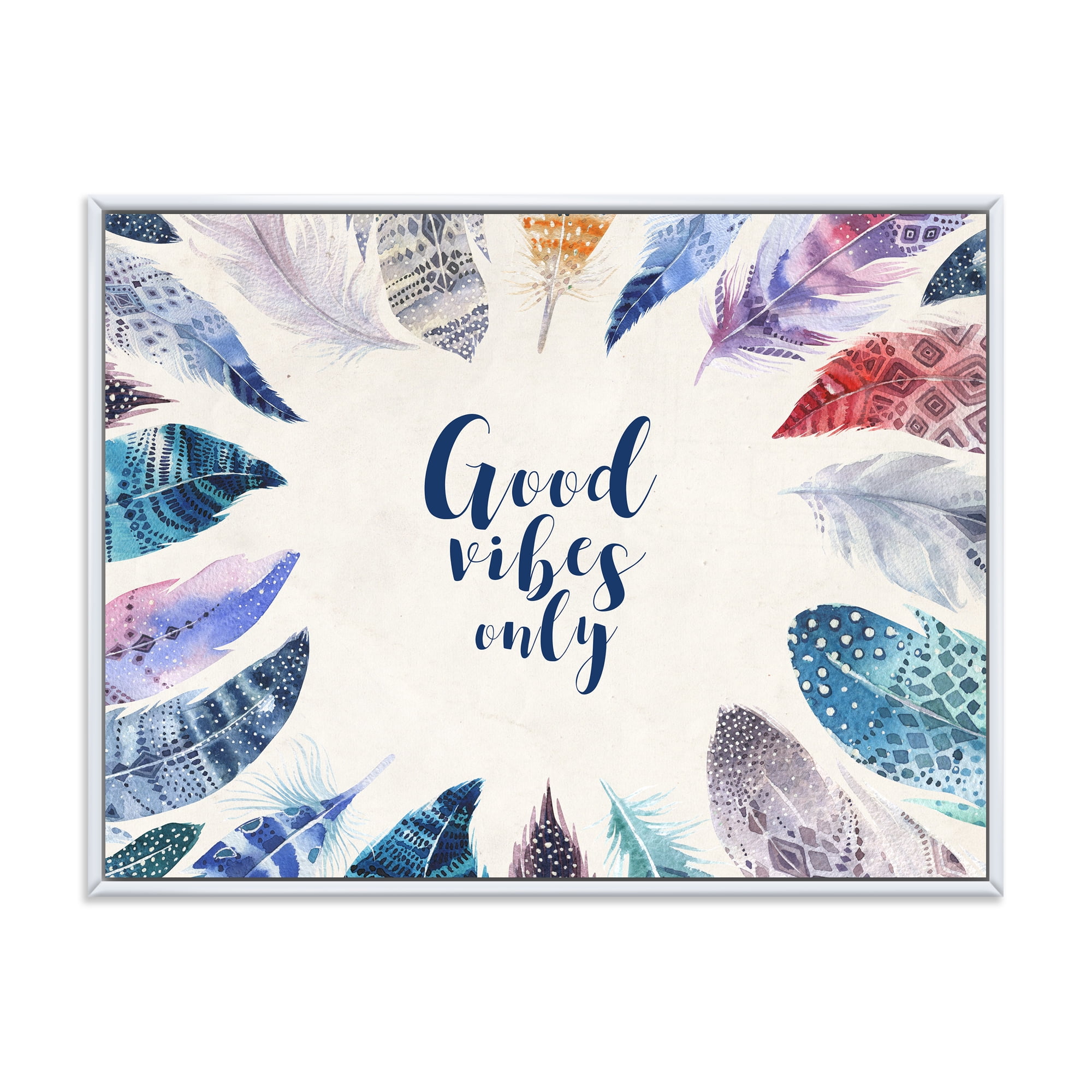 Good VIbes Only Under Vibrant Blue Feathers 20 in x 12 in Framed Painting Canvas Art Print, by Designart